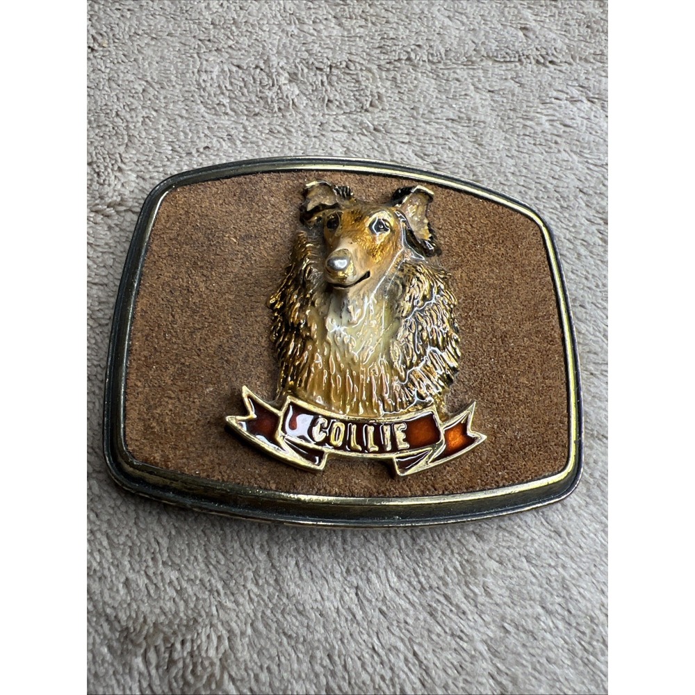 Vintage 1979 Raintree Collie Dog Belt Buckle 3D Brass Enamel Western‎ USA